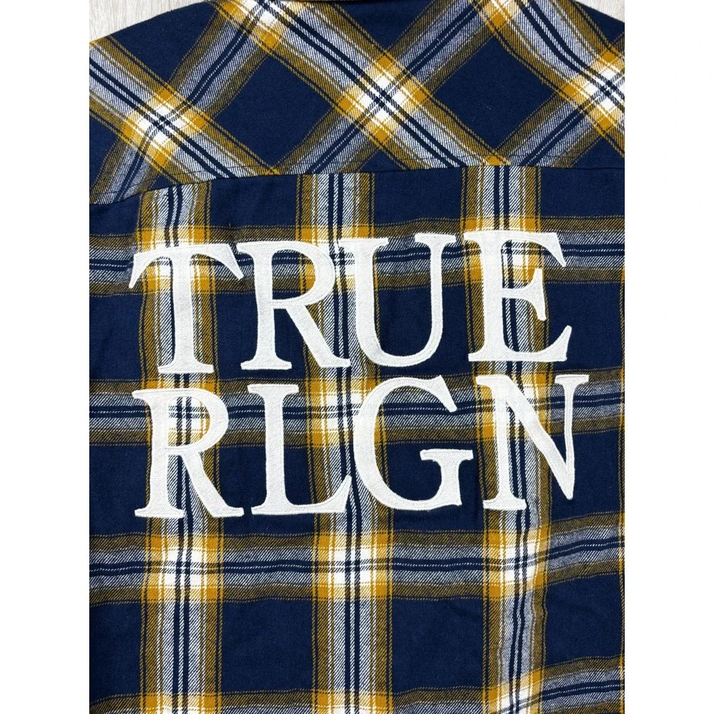 True‎ Religion Plaid Flannel Shirt Men's M Blue Yellow Logo Streetwear Casual